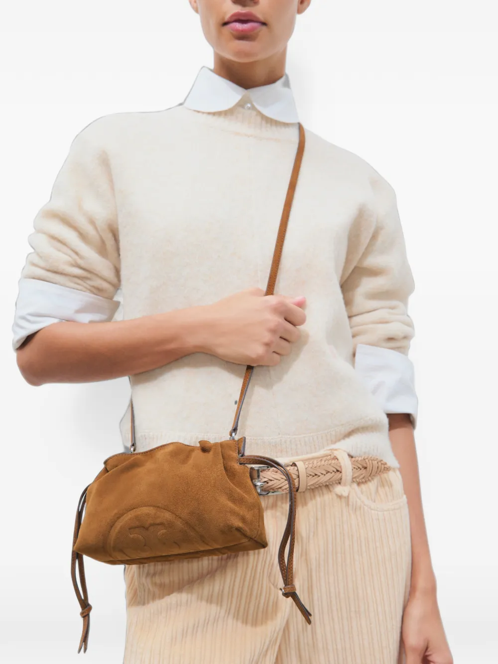 Tory Burch Ella suede drawstring pouch Bruin