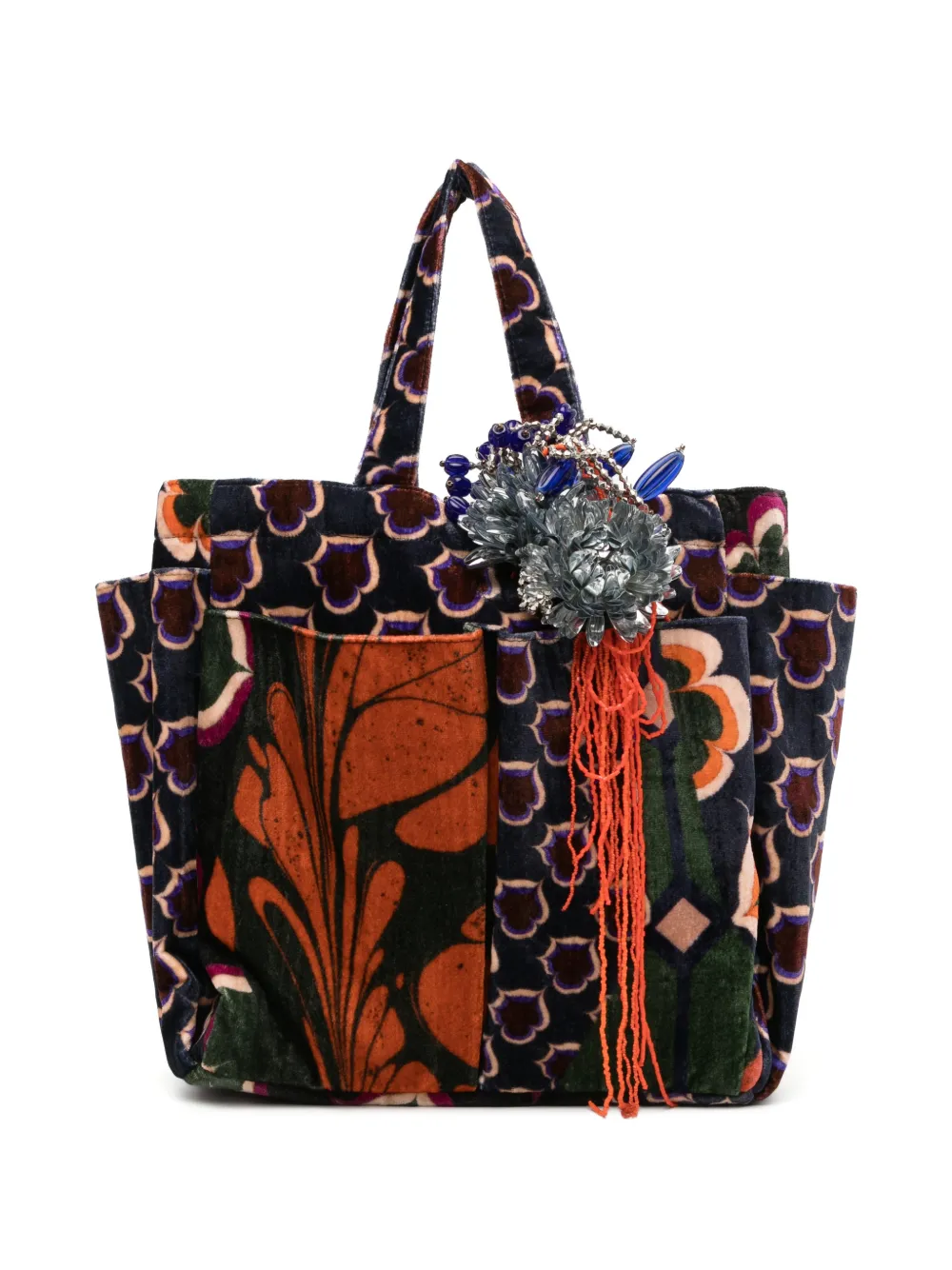 Biyan floral-print velvet tote bag - Blue
