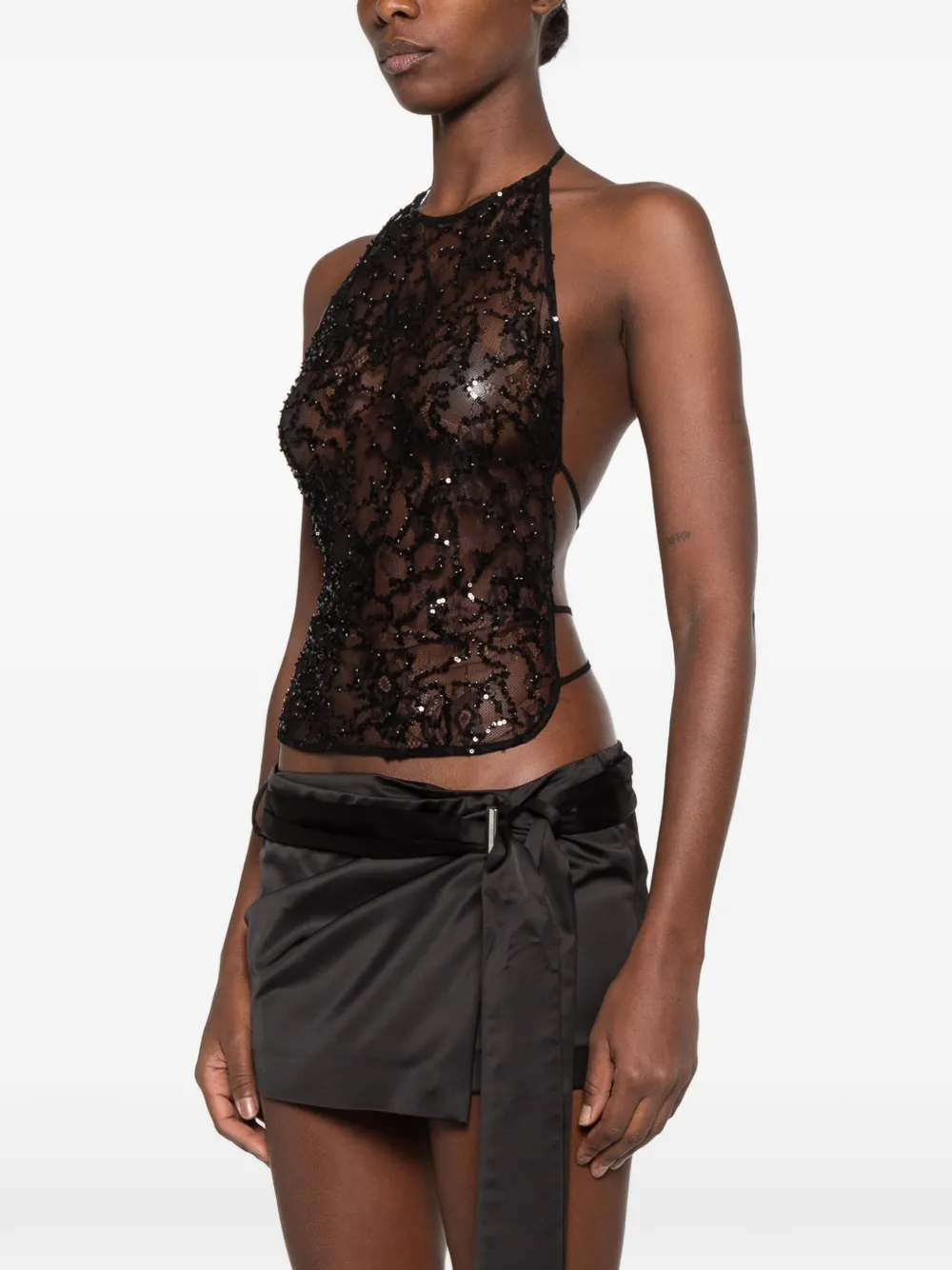 The Attico sequin-embellished lace top Zwart