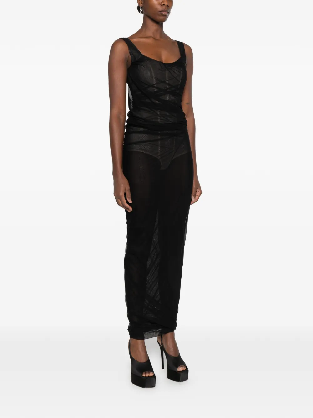 The Attico ruched sheer-mesh maxi dress Zwart