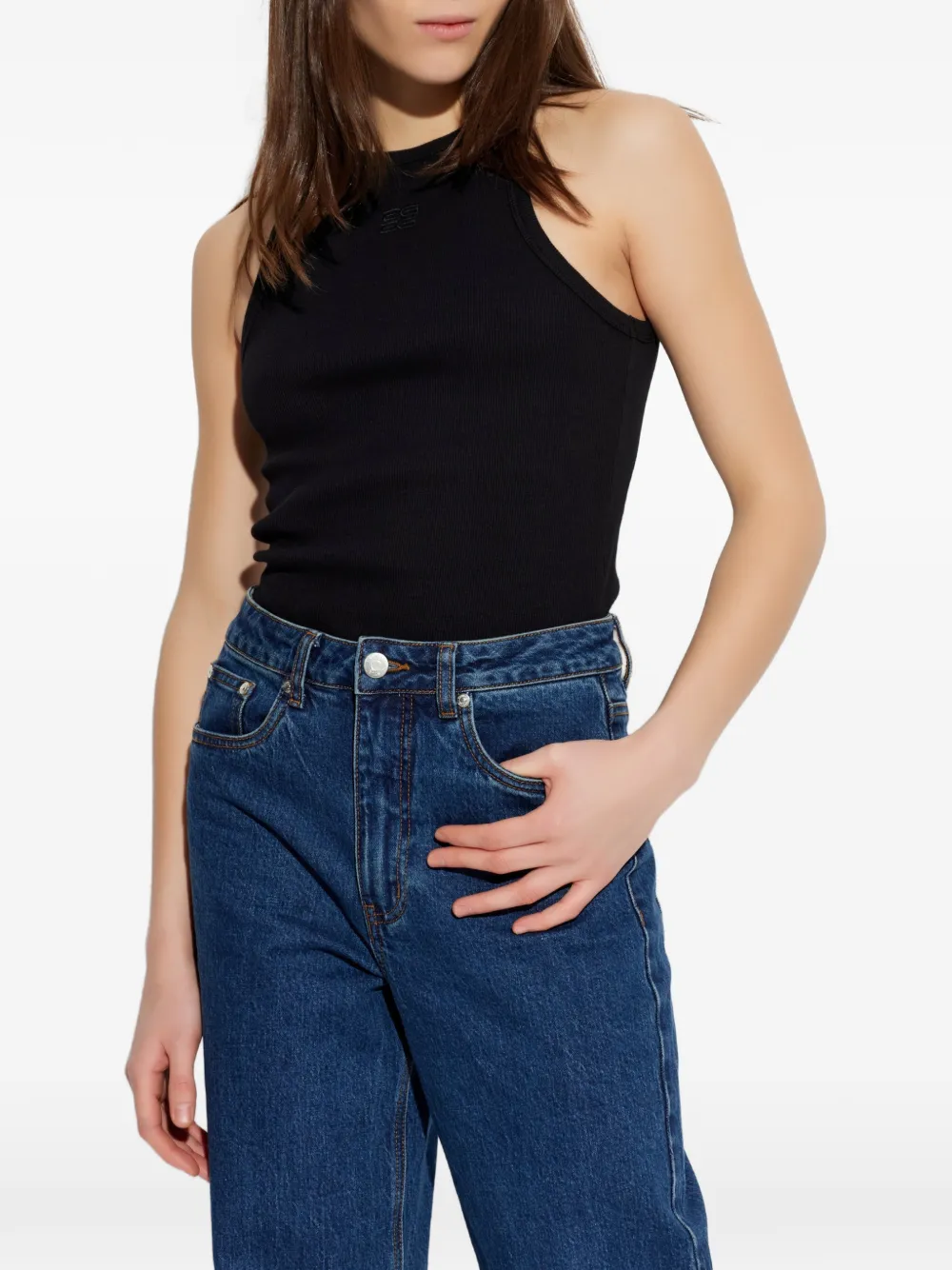 Gestuz logo-embroidered ribbed tank top Zwart