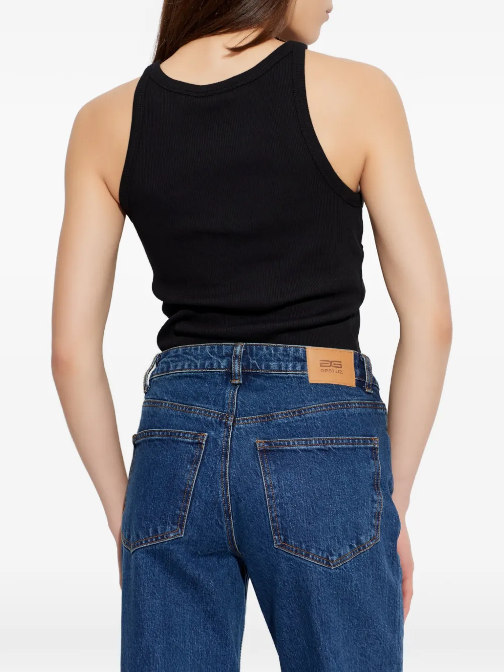 Gestuz logo-embroidered ribbed tank top Zwart