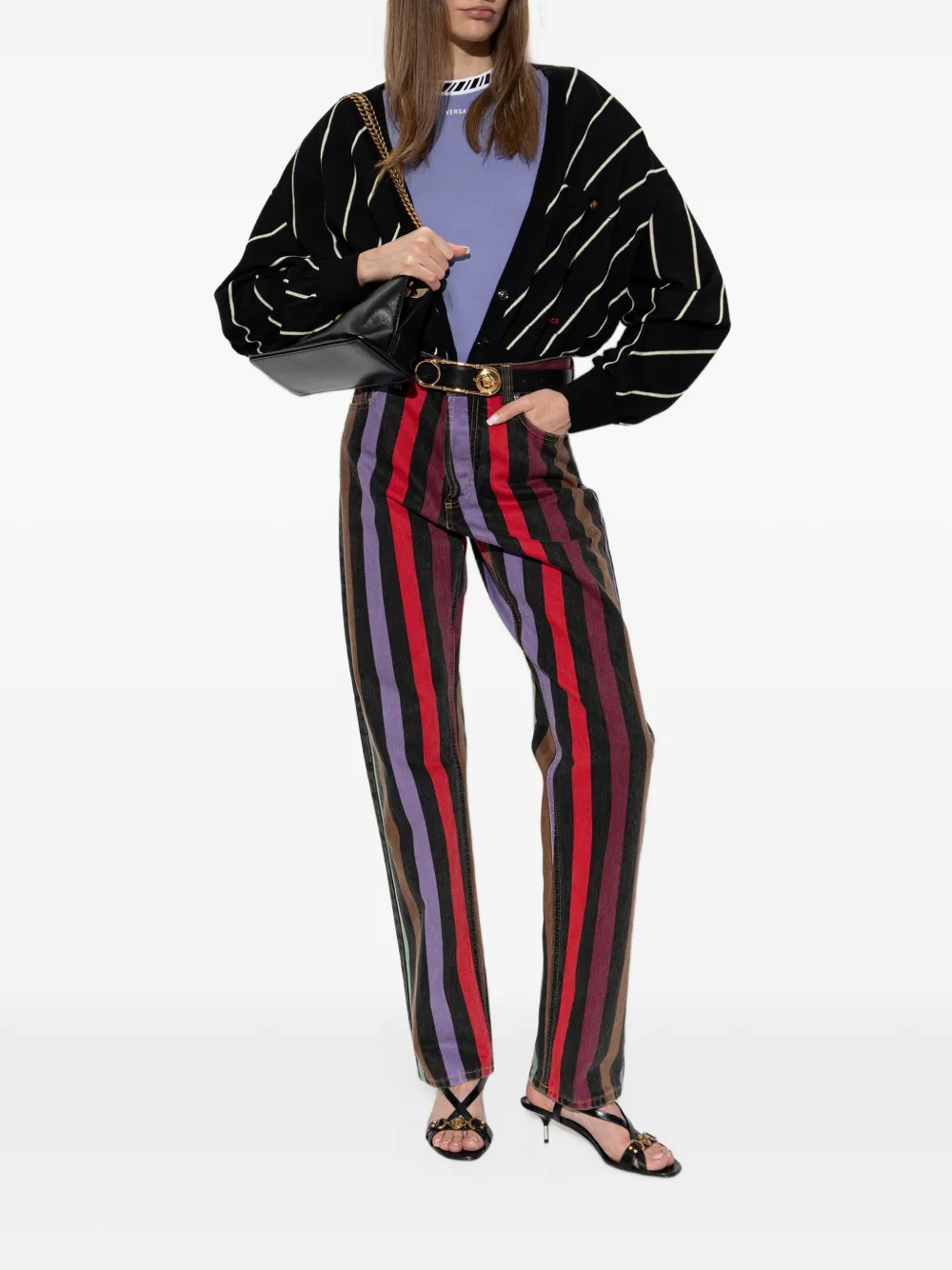 Versace diagonal-stripe embroidered-logo cardigan Zwart