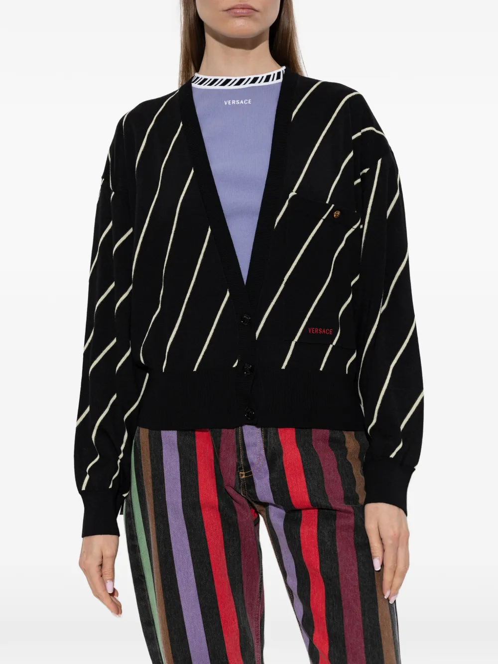Versace diagonal-stripe embroidered-logo cardigan Zwart