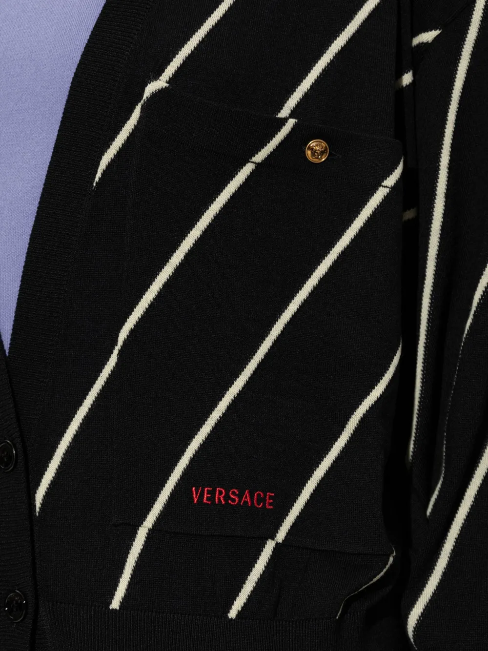 Versace diagonal-stripe embroidered-logo cardigan Zwart