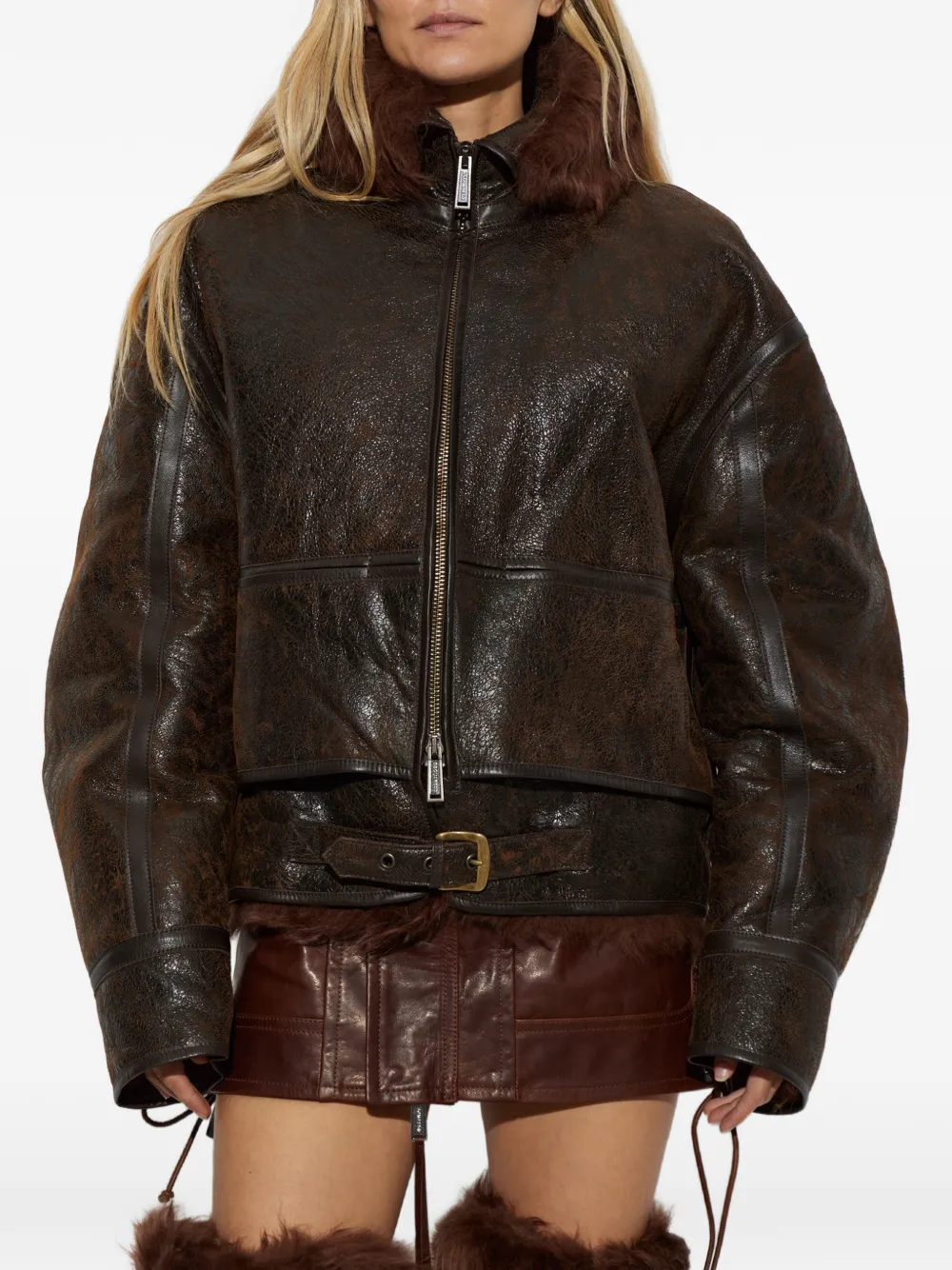 DSQUARED2 shearling-trim leather jacket Bruin