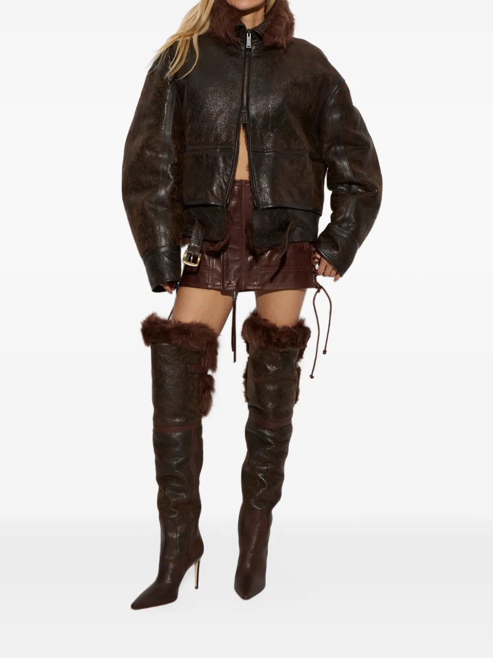 DSQUARED2 shearling-trim leather jacket Bruin