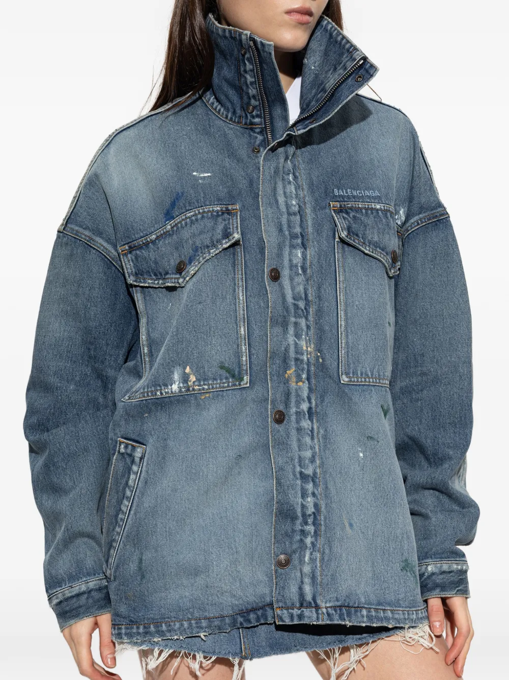 Balenciaga Denim jack met verfspatten en logo-print Blauw