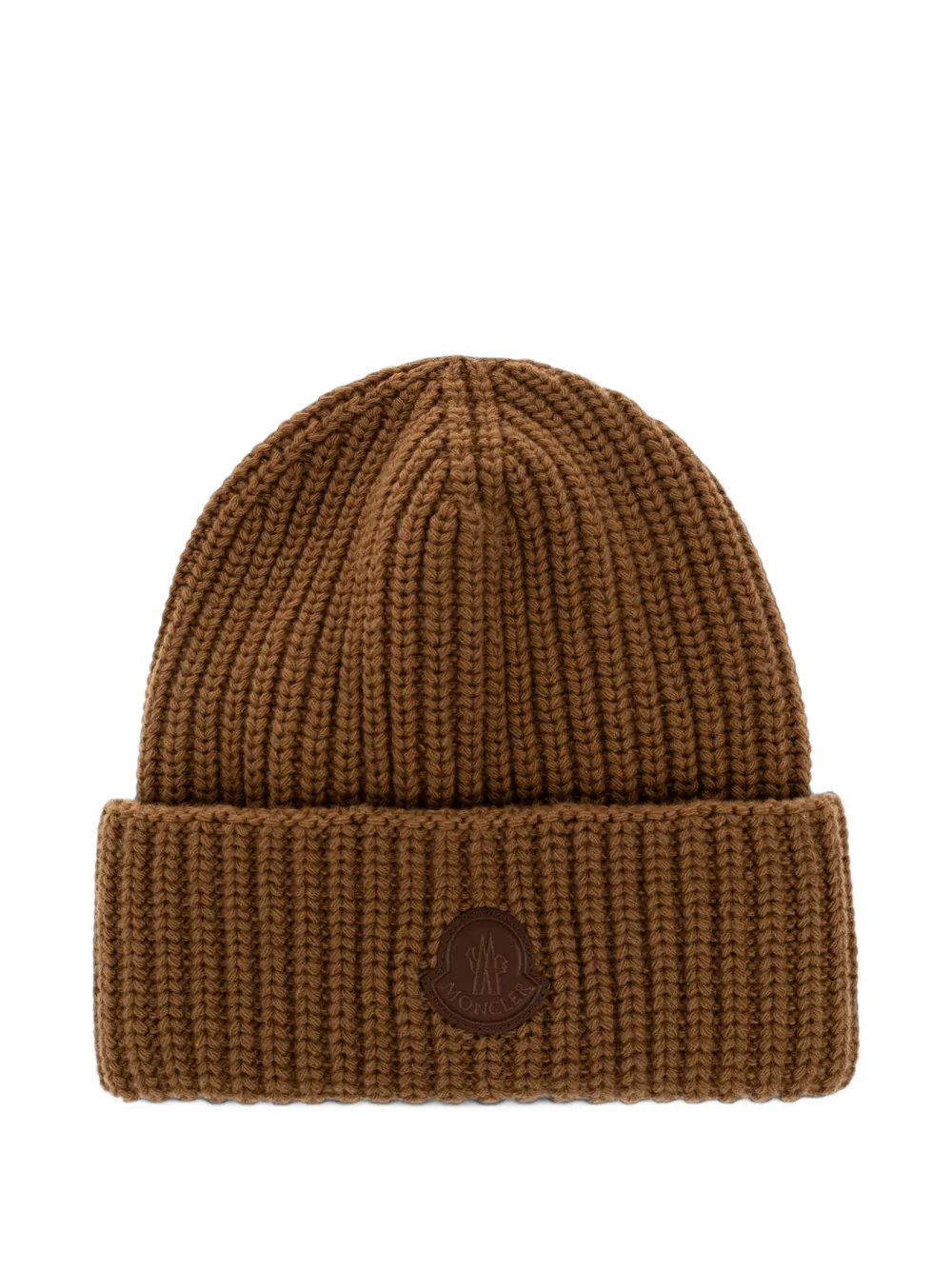 Moncler logo-patch ribbed-knit beanie hat in Brown