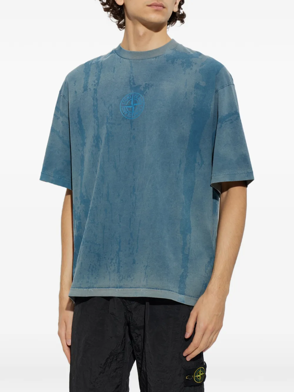 Stone Island Compass logo-print acid-wash T-shirt Blauw
