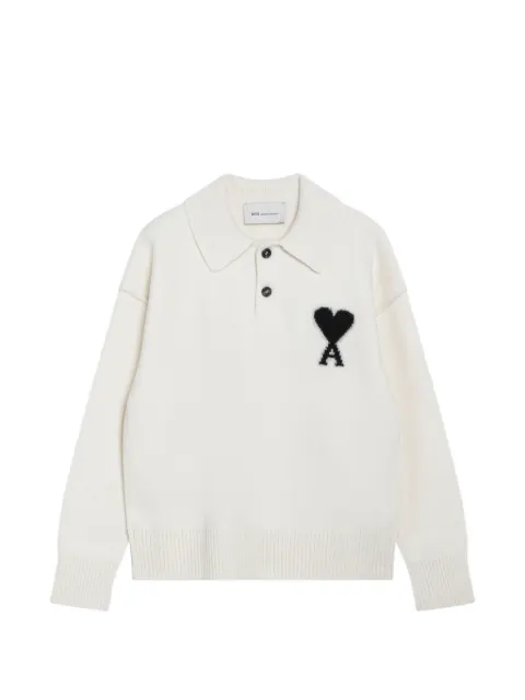 AMI Paris polo en laine blanche avec Ami de Cœur