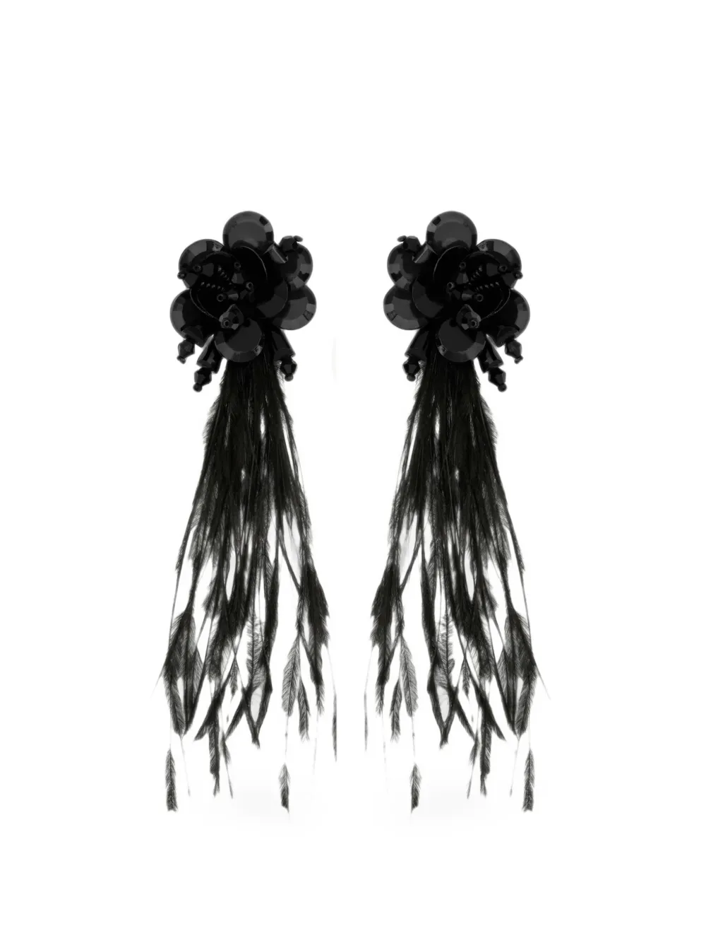 Oscar de la Renta Orecchini floreali con frange di piume - Nero