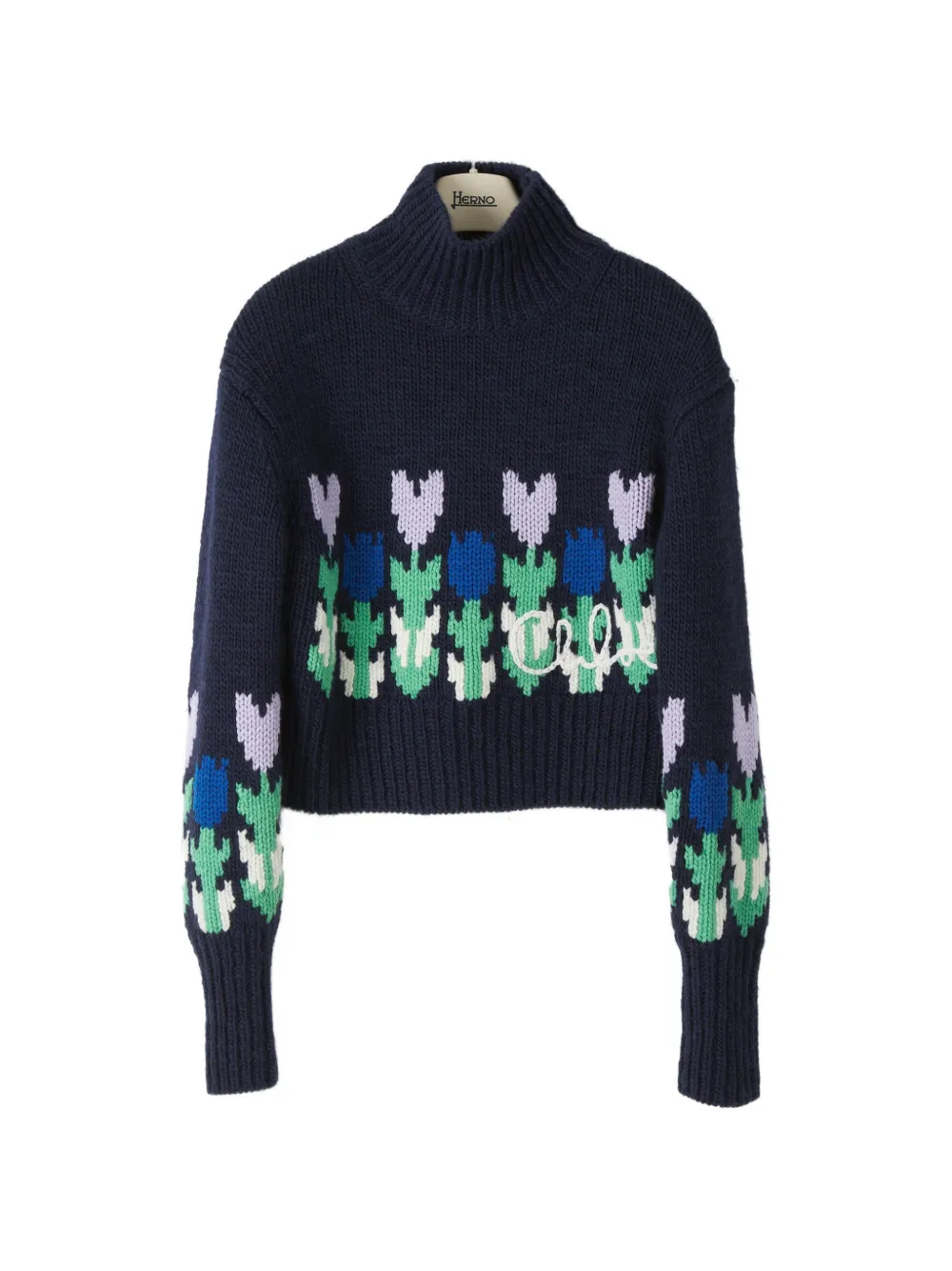 Chloé cropped mock-neck logo sweater in a wool knit - Blue