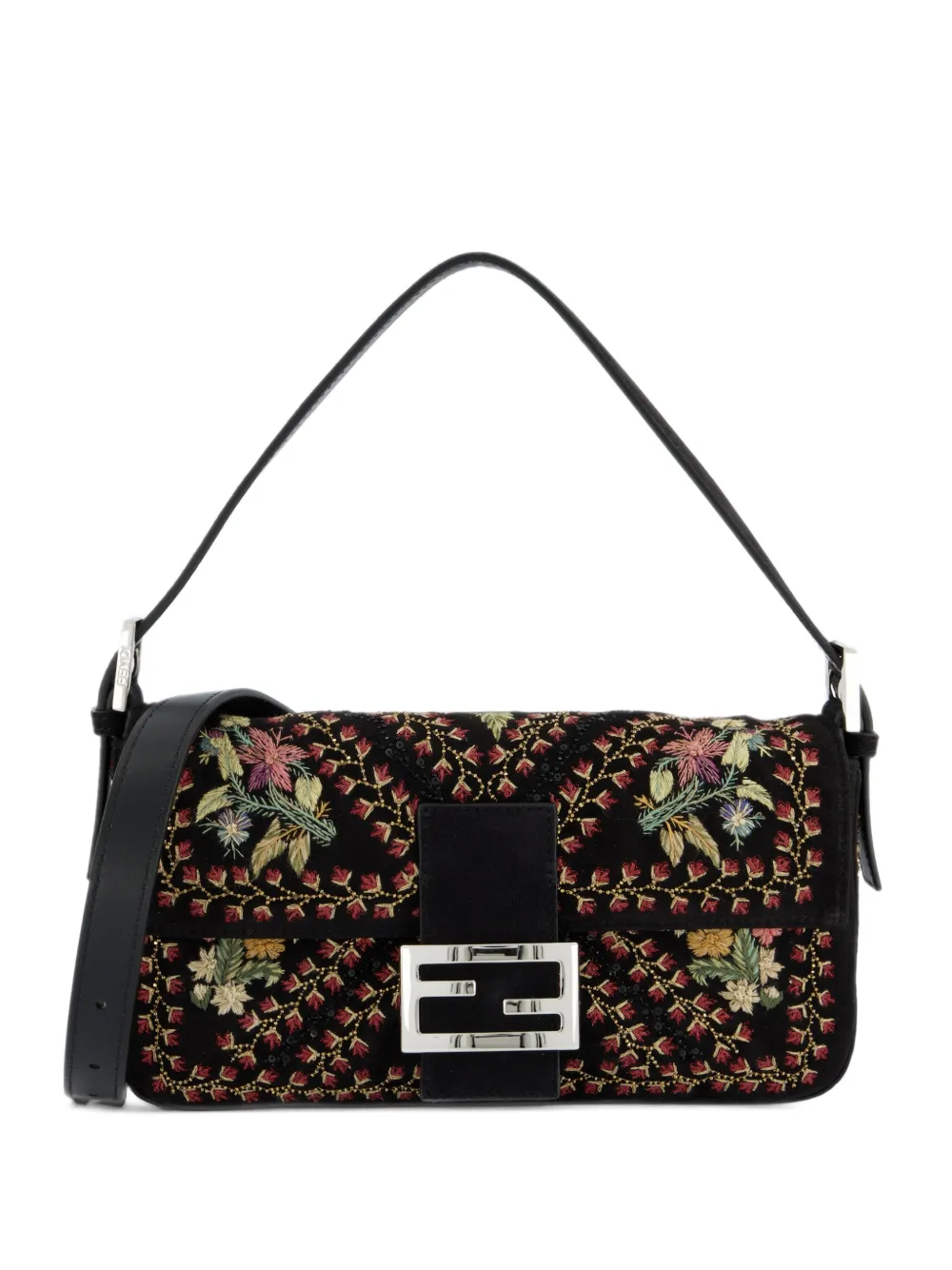 FENDI Black suede bag with embroidery - Nero