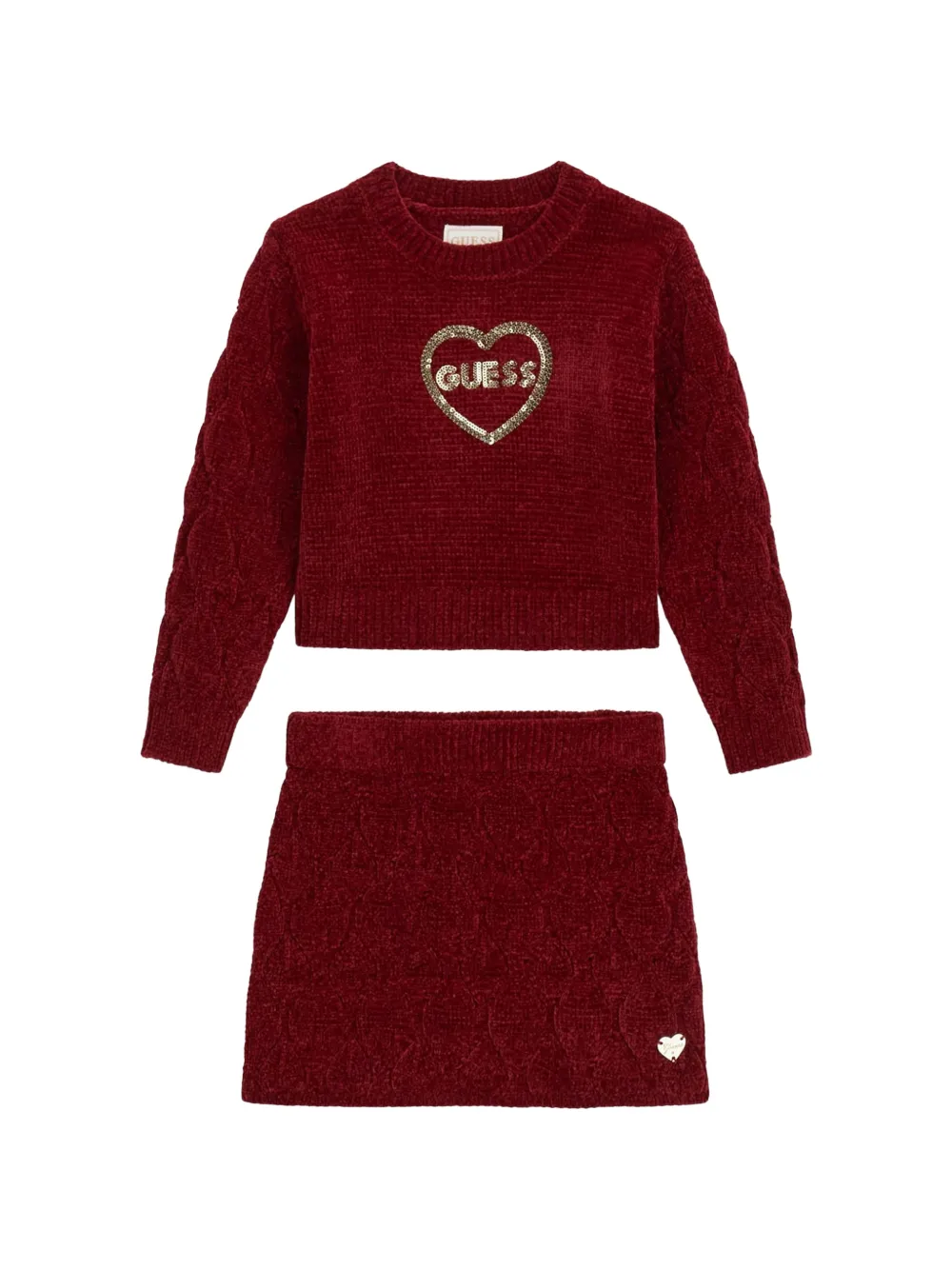 guess kids Set con maglione in maglia a trecce con cuore di paillettes e gonna - Rosso