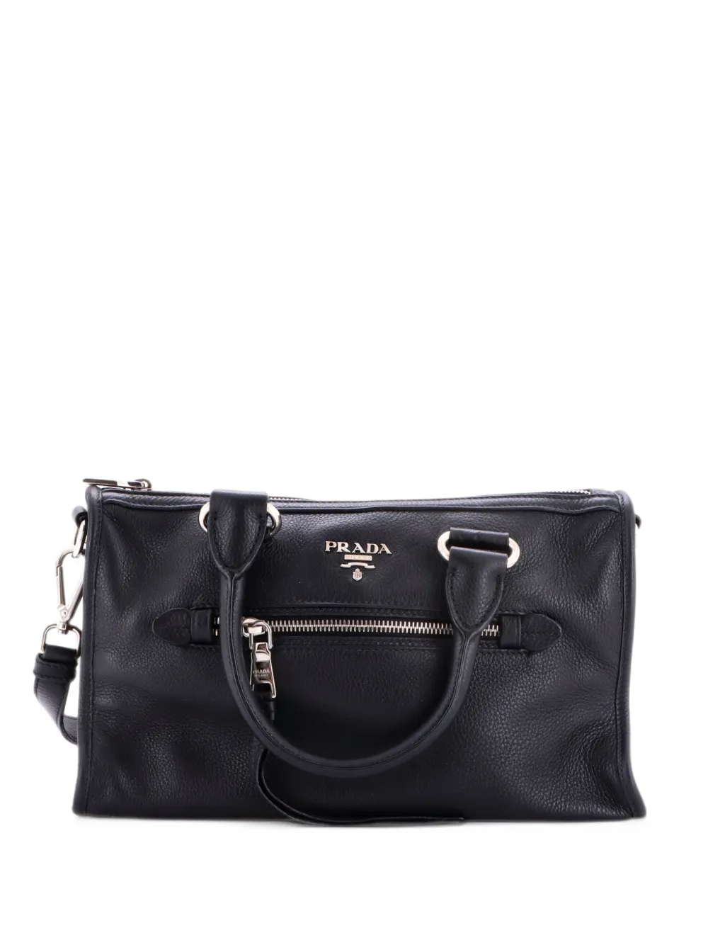 Pre-owned Prada Front Zip Convertible Vitello Phenix Small Satchel In Black