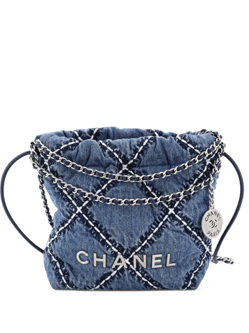 CHANEL Pre-Owned 22 Chain Quilted Stitched Denim Mini hobo bag - Blue