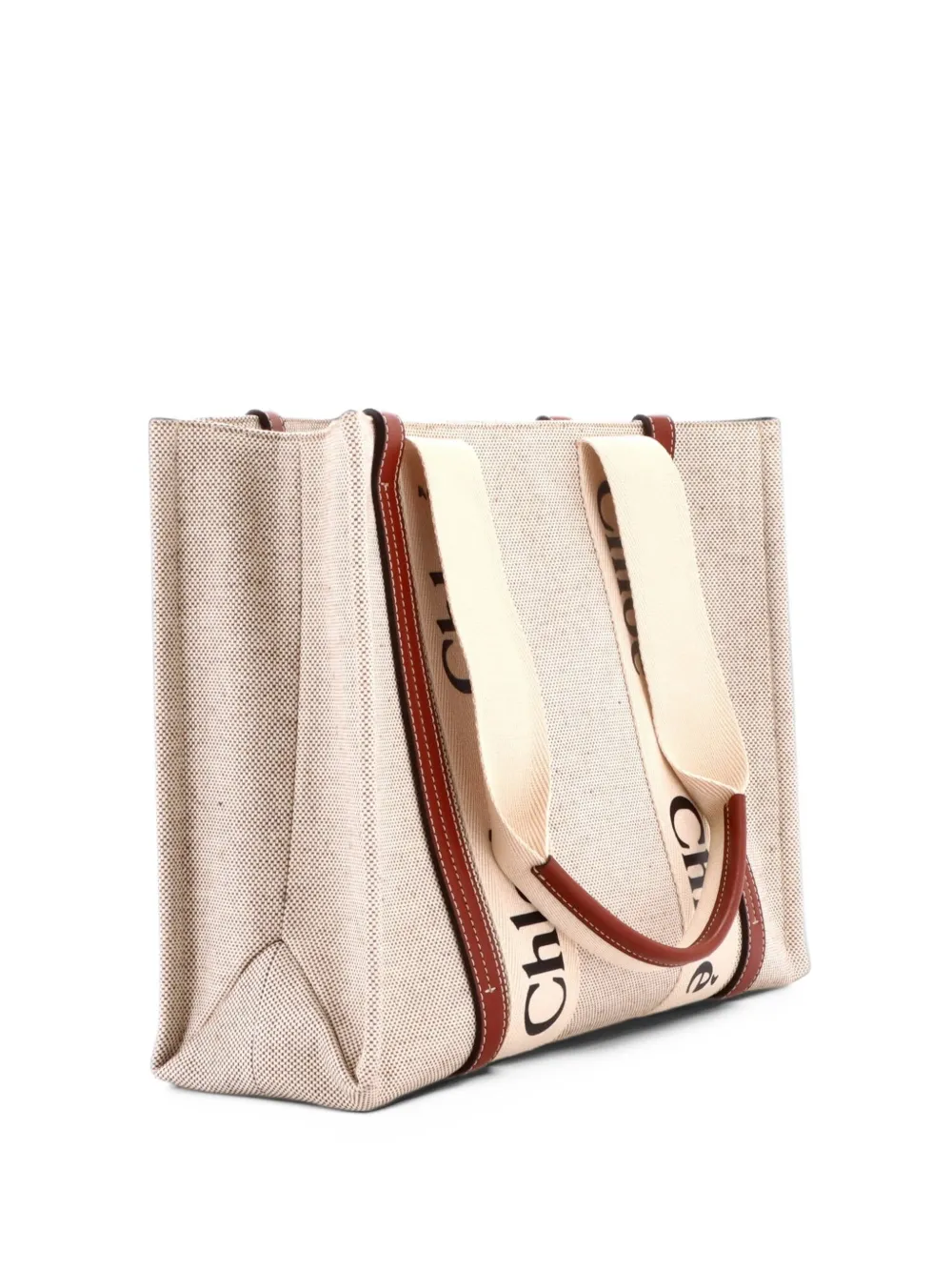 Chloé Pre-Owned Woody Canvas with Leather Medium tote bag - Tons neutres Chloé Pre-Owned Woody Canvas with Leather Medium tote bag - Tons neutres