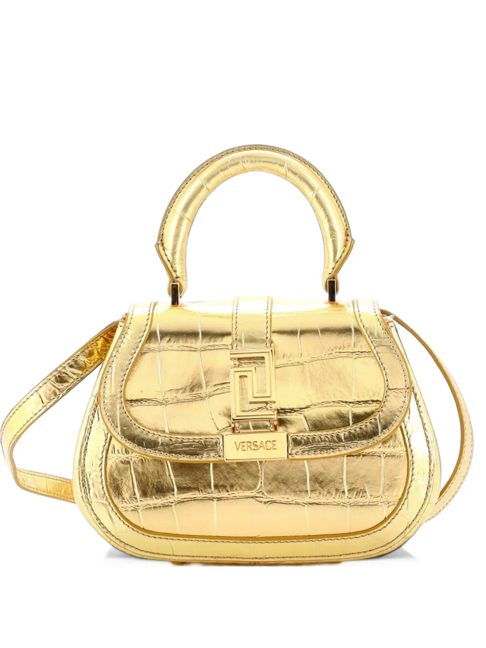 Versace Pre-Owned Greca Goddess Top Handle Bag Crocodile Embossed Leather Mini satchel - Gold