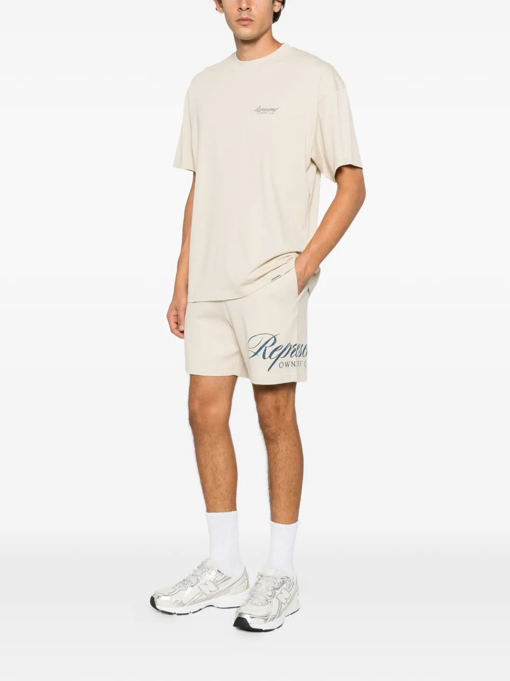 Represent Owners' Club logo-print track shorts Beige