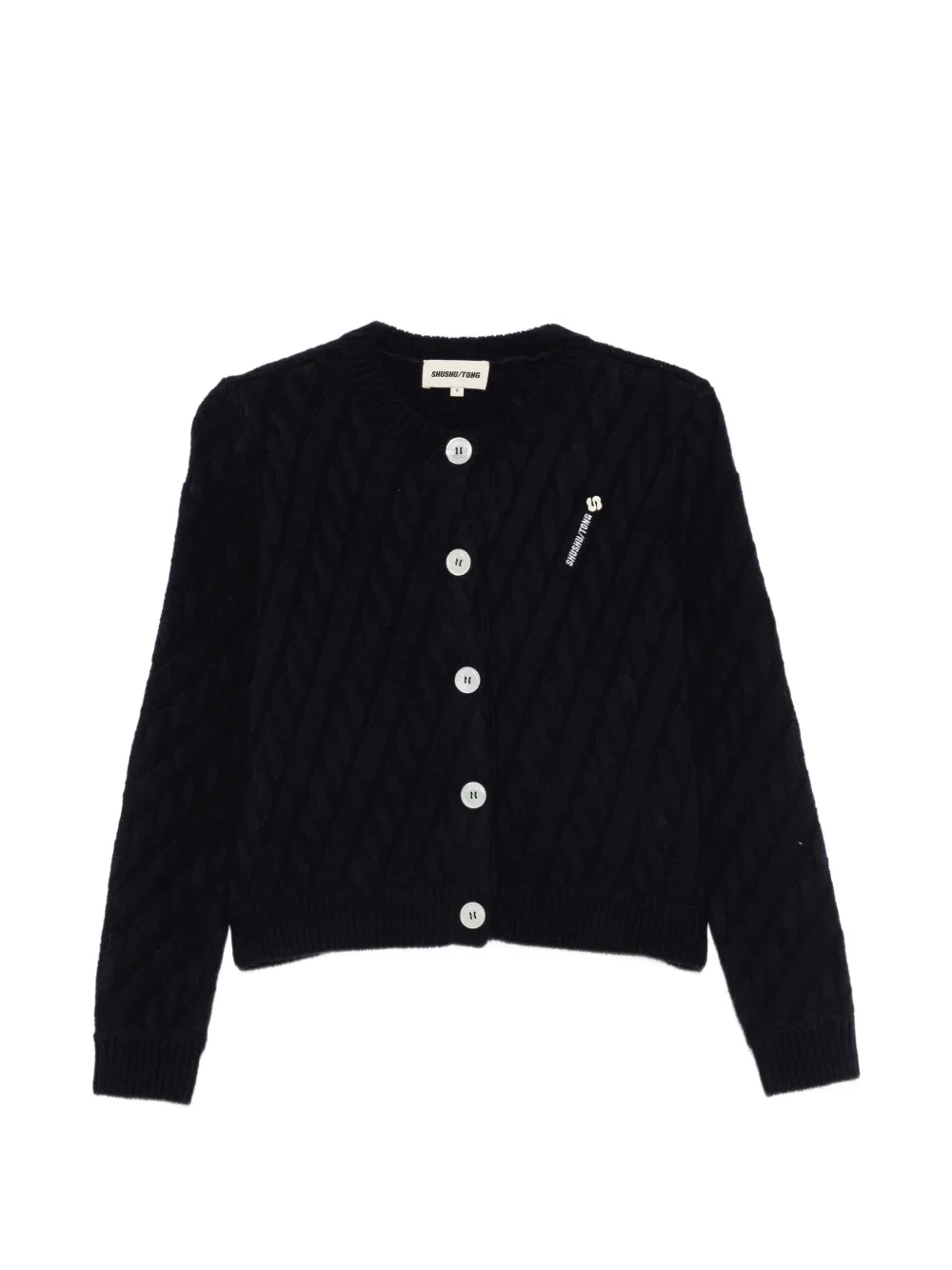 SHUSHU/TONG cable-knit logo-patch cardigan - Blau