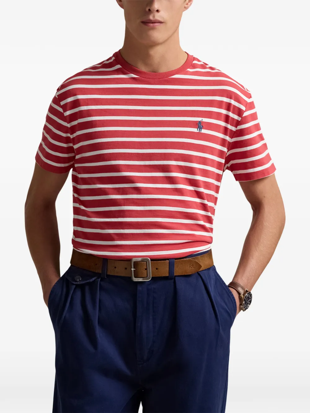 Polo Ralph Lauren striped embroidered-logo T-shirt Rood