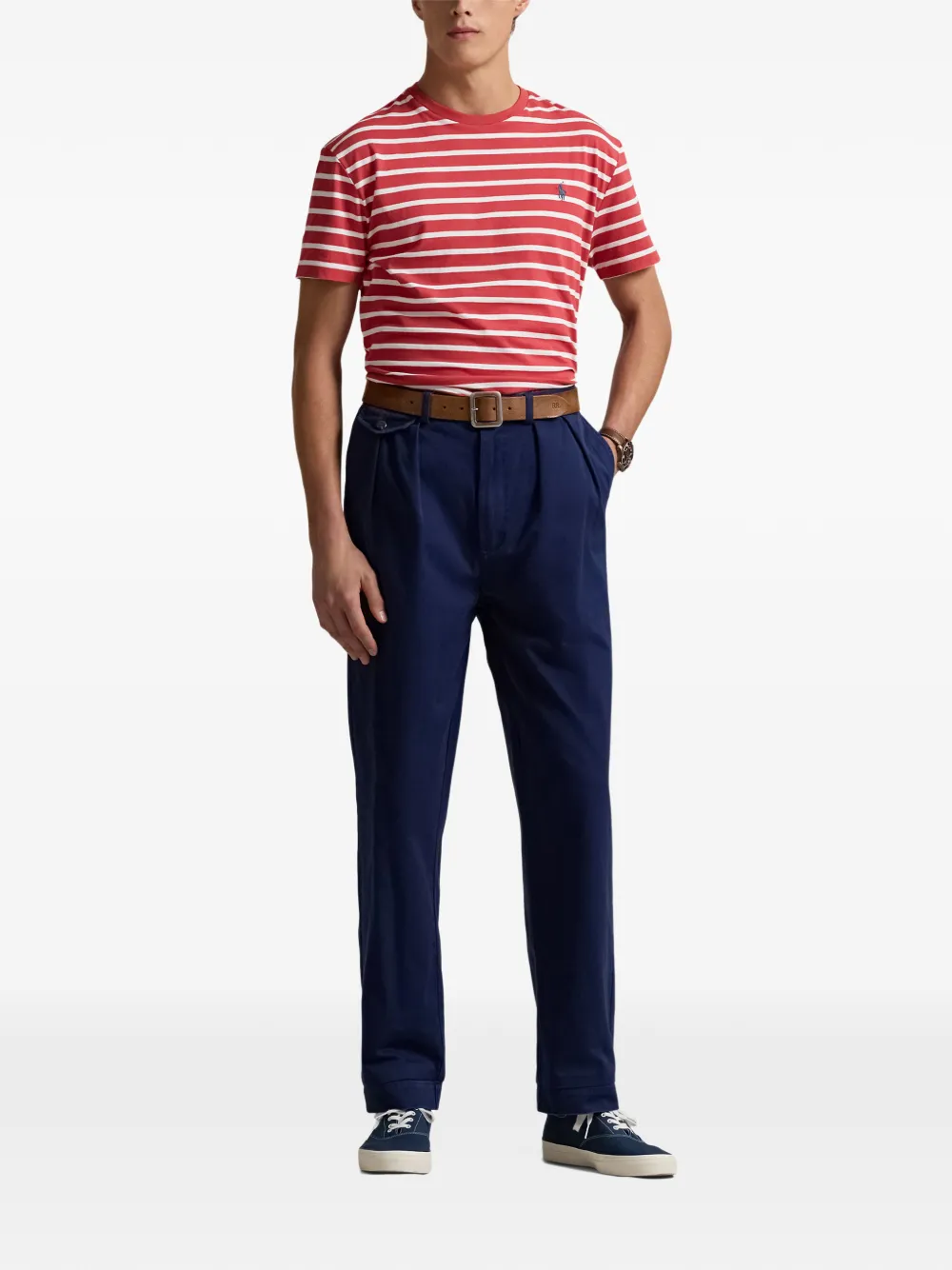 Polo Ralph Lauren striped embroidered-logo T-shirt Rood