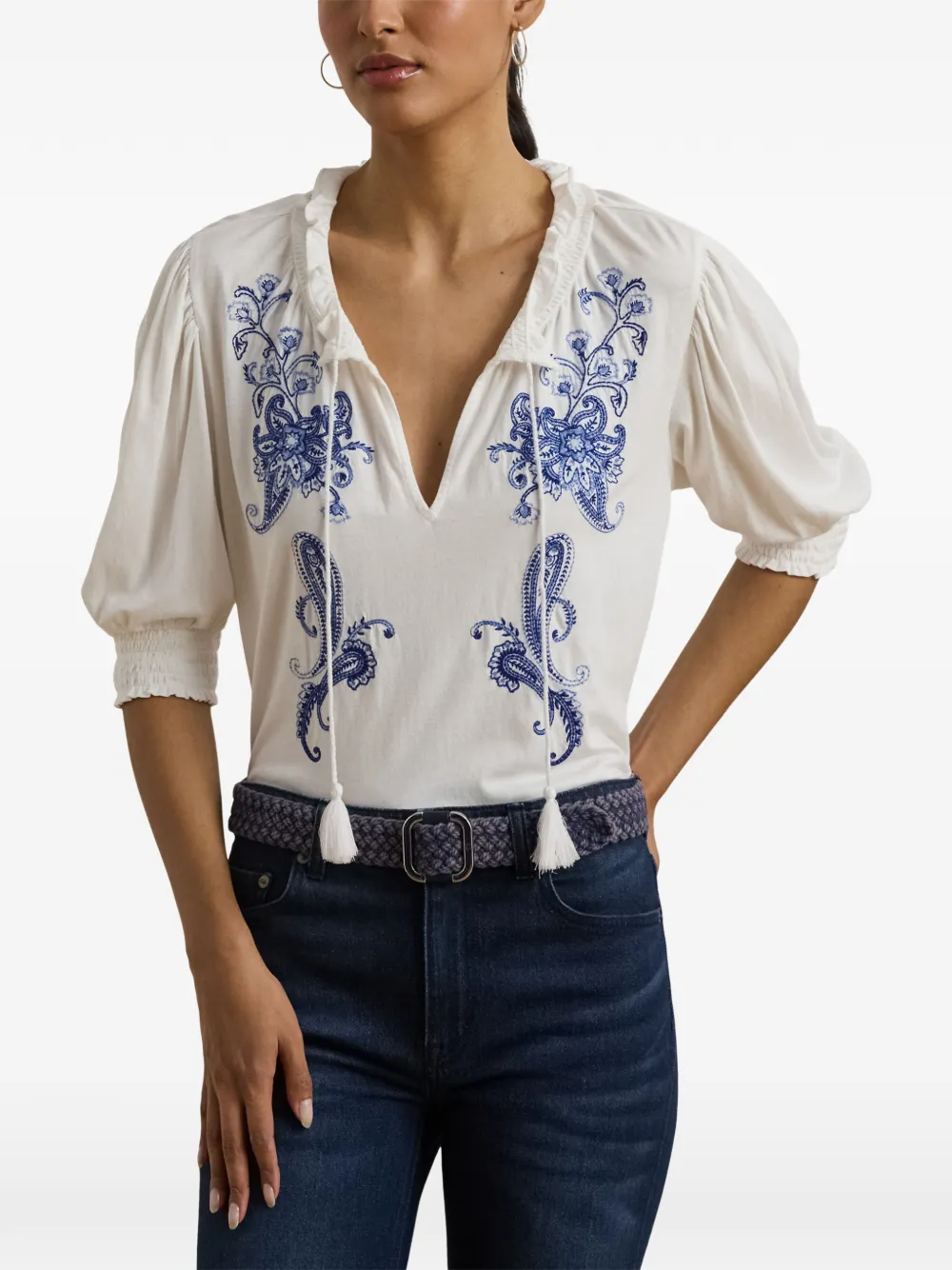 Lauren Ralph Lauren embroidered tassel-detail top Wit