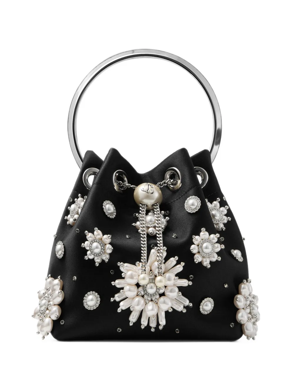 Jimmy Choo Bon Bon black satin bucket bag with floral pearl embroidery - Nero