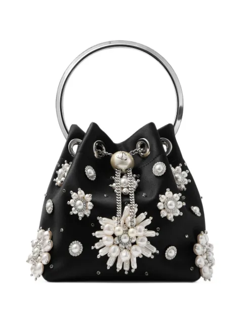 Jimmy Choo Bon Bon black satin bucket bag with floral pearl embroidery