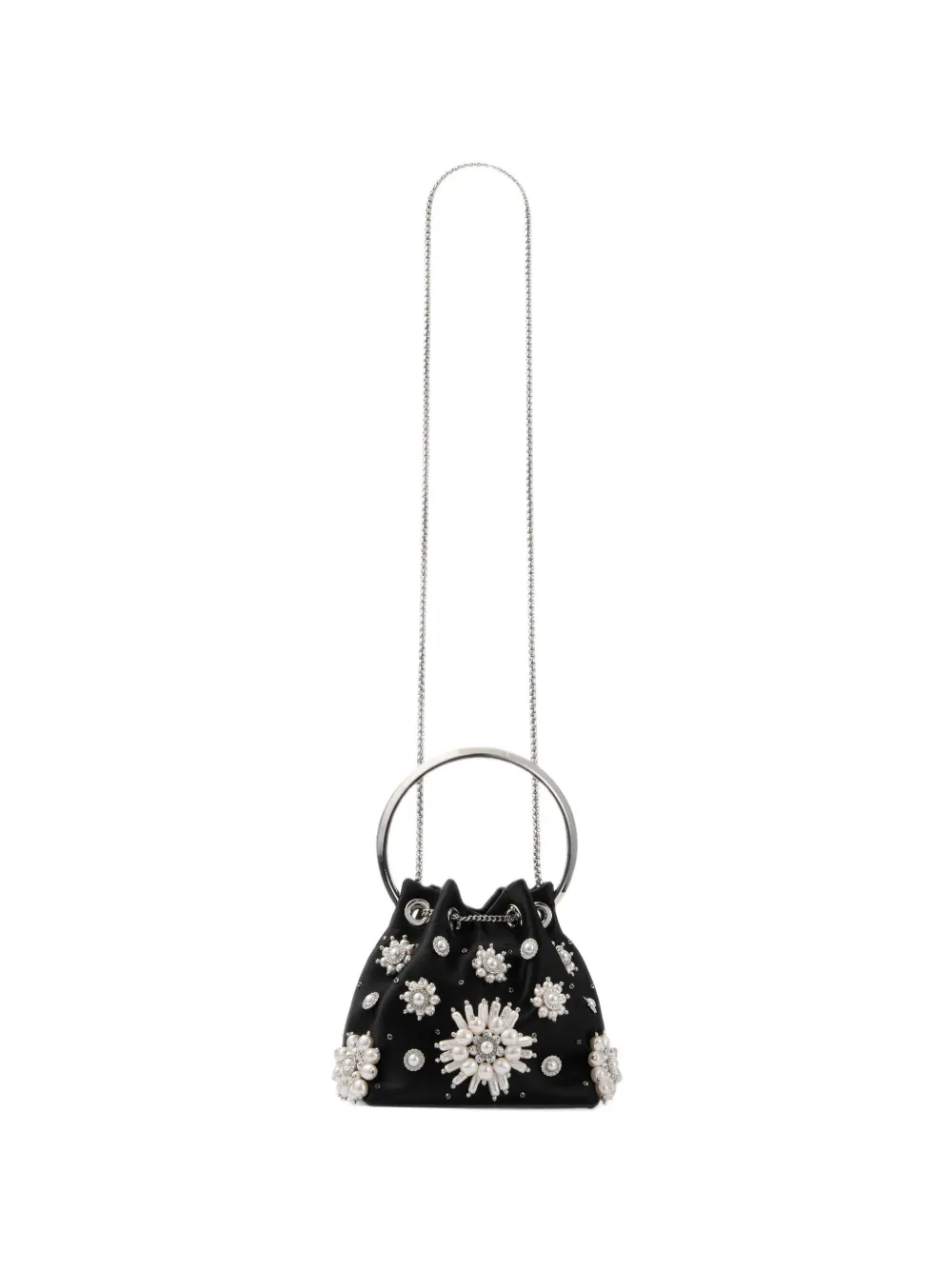 Jimmy Choo Bon black satin bucket bag with floral pearl embroidery Zwart