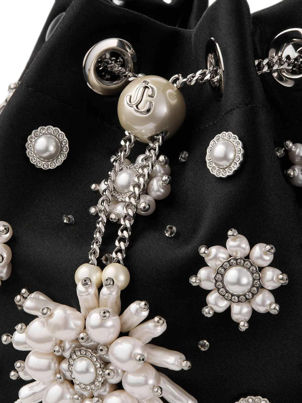 Jimmy Choo Bon black satin bucket bag with floral pearl embroidery Zwart