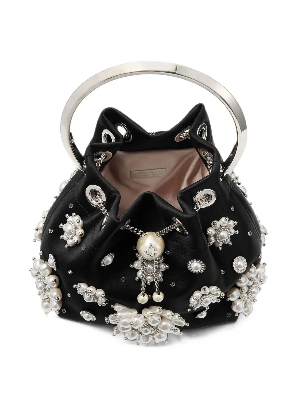 Jimmy Choo Bon black satin bucket bag with floral pearl embroidery Zwart