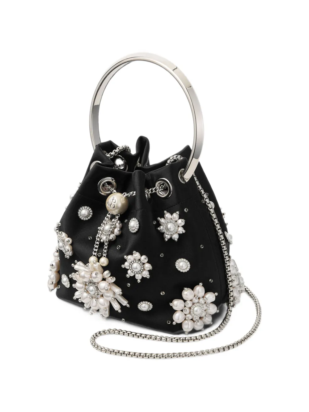 Jimmy Choo Bon black satin bucket bag with floral pearl embroidery Zwart