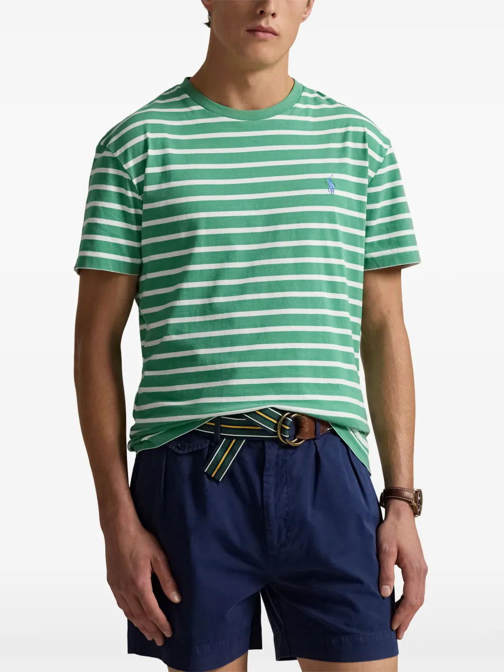Polo Ralph Lauren striped embroidered-logo T-shirt Groen