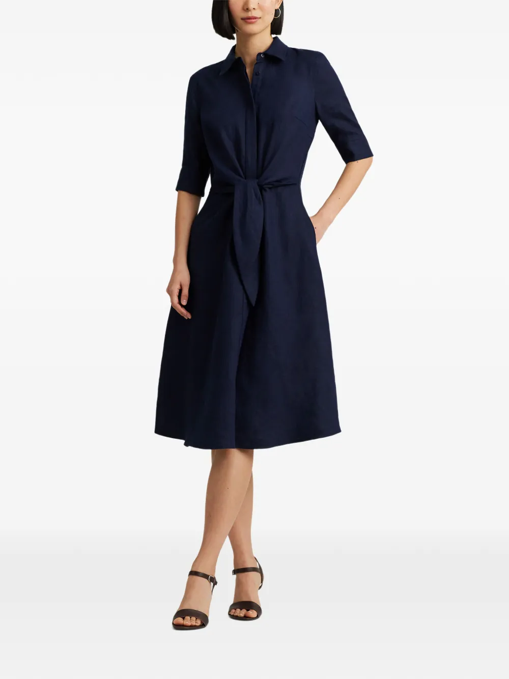 Lauren Ralph Lauren tie-waist linen midi dress Blauw
