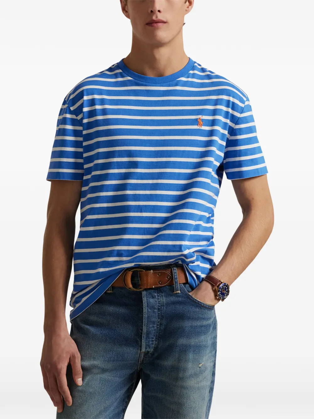 Polo Ralph Lauren striped embroidered-logo T-shirt Blauw