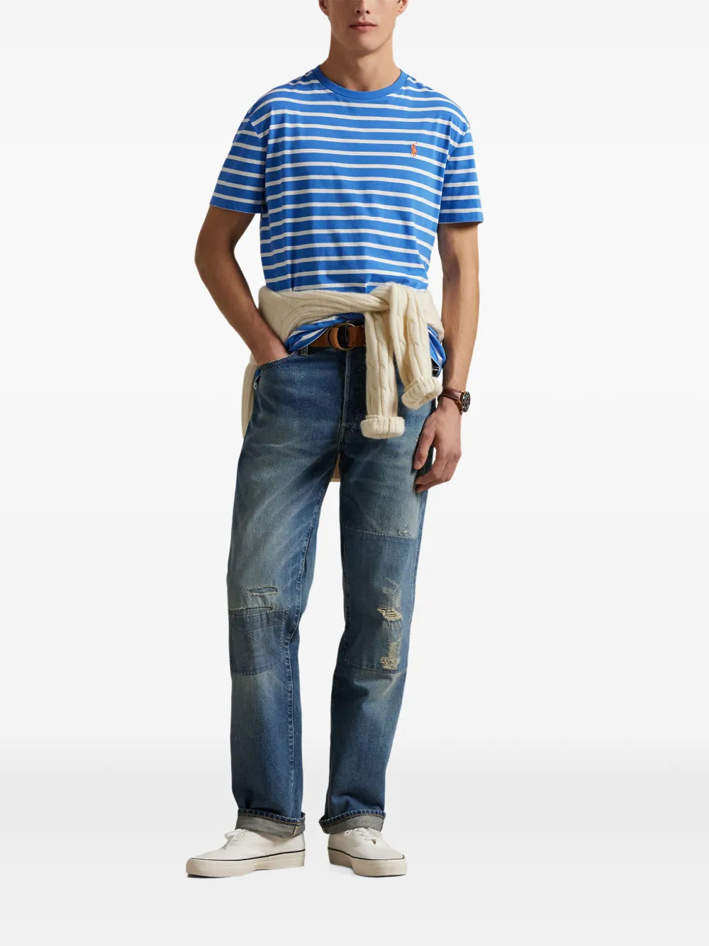 Polo Ralph Lauren striped embroidered-logo T-shirt Blauw