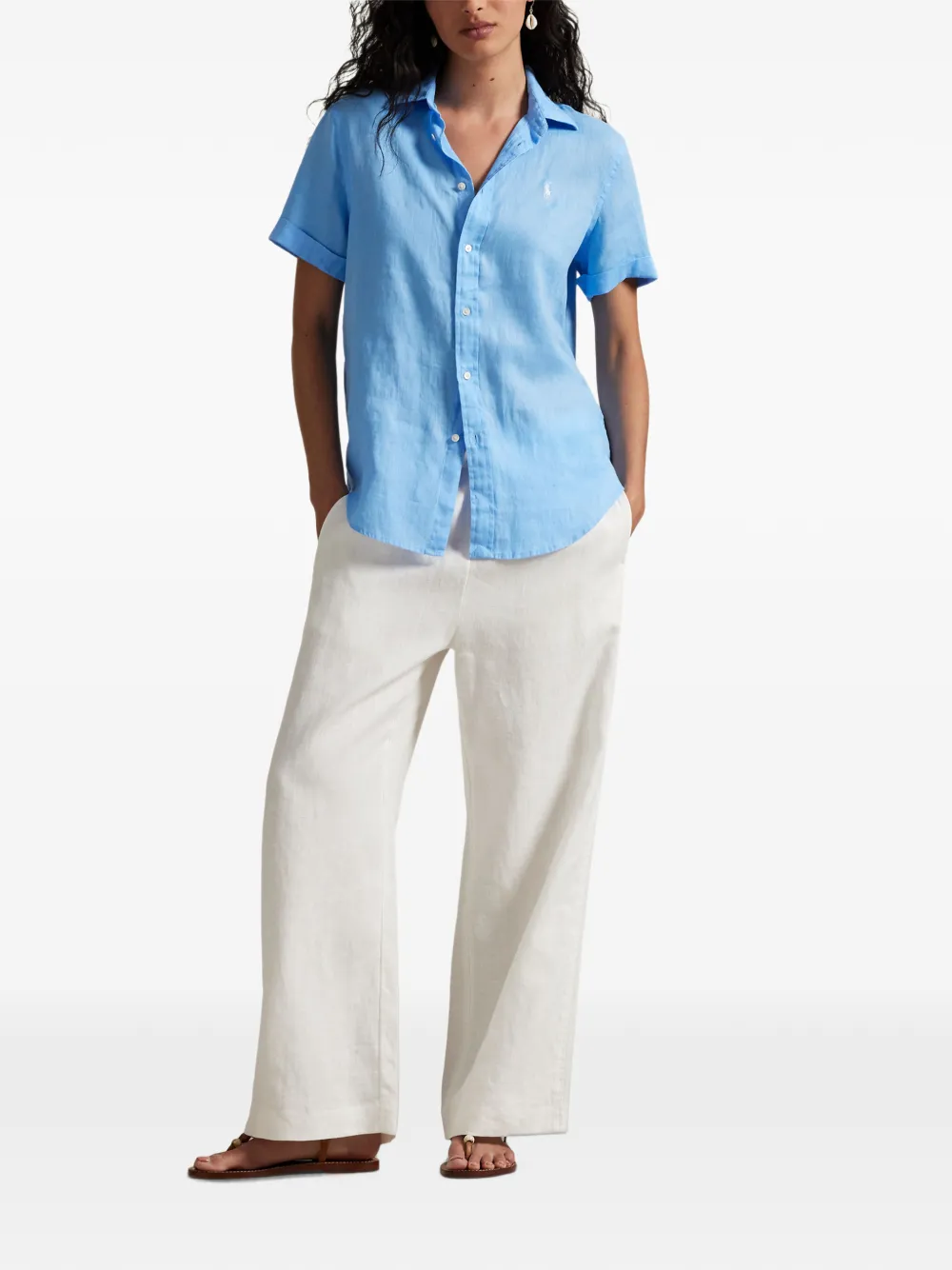 Polo Ralph Lauren Linnen overhemd met geborduurd logo Blauw