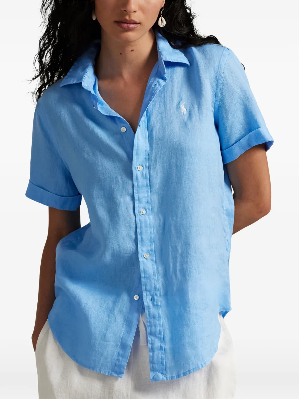 Polo Ralph Lauren Linnen overhemd met geborduurd logo Blauw
