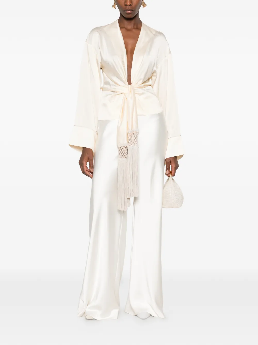 THE ANDAMANE fringe-trim tie-front blouse Beige