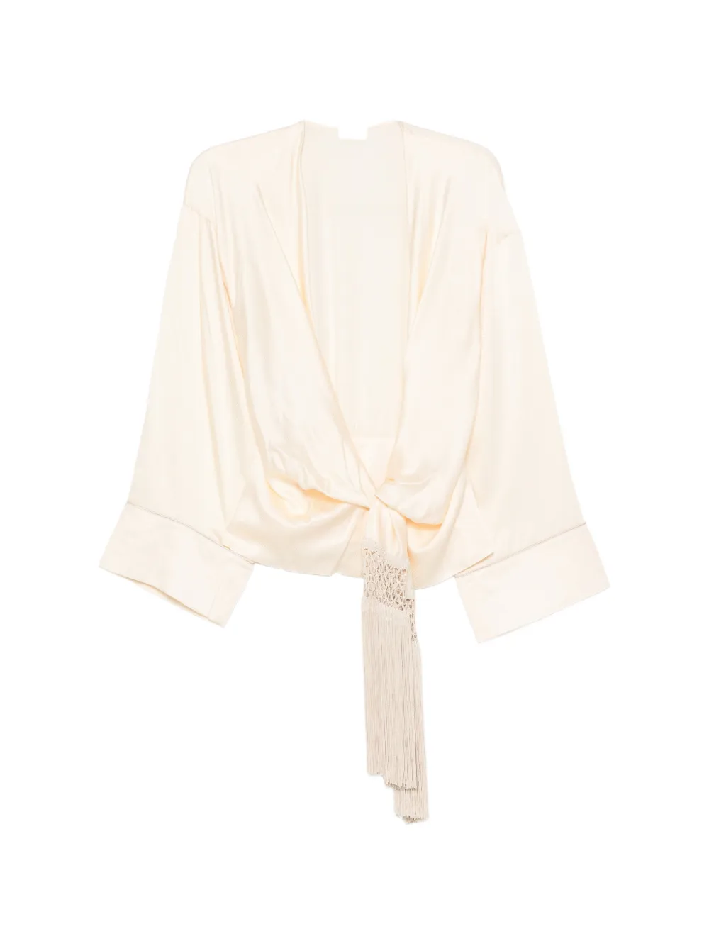 THE ANDAMANE fringe-trim tie-front blouse Beige