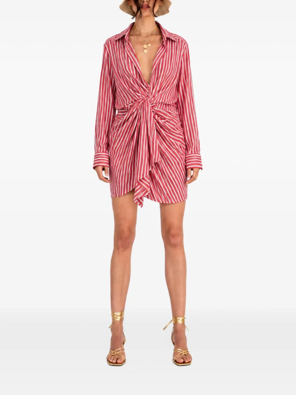 MOOS STUDIO striped knotted shirt mini dress Rood