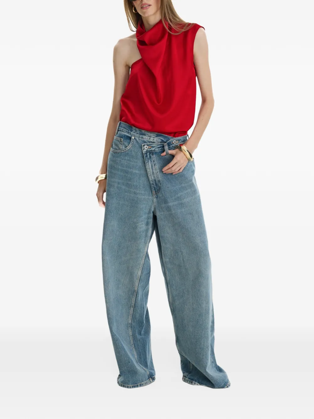 MOOS STUDIO First Kiss one-shoulder draped blouse Rood
