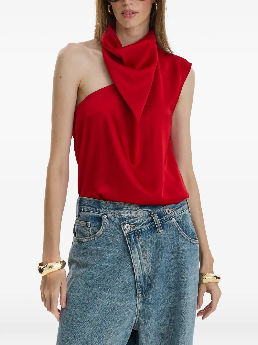 MOOS STUDIO First Kiss one-shoulder draped blouse Rood