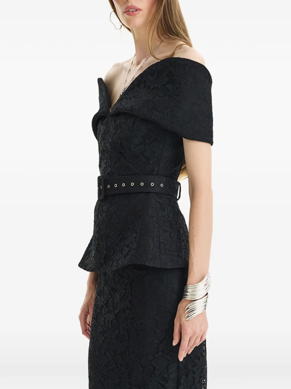 MOOS STUDIO belted floral-lace blouse Zwart