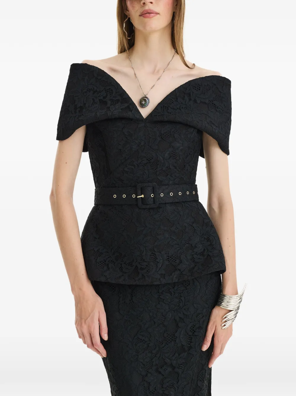 MOOS STUDIO belted floral-lace blouse Zwart