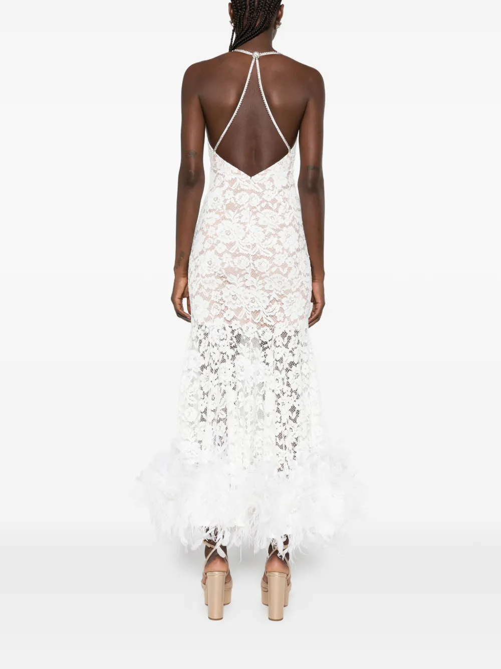 Self-Portrait feather-trim lace midi dress Wit