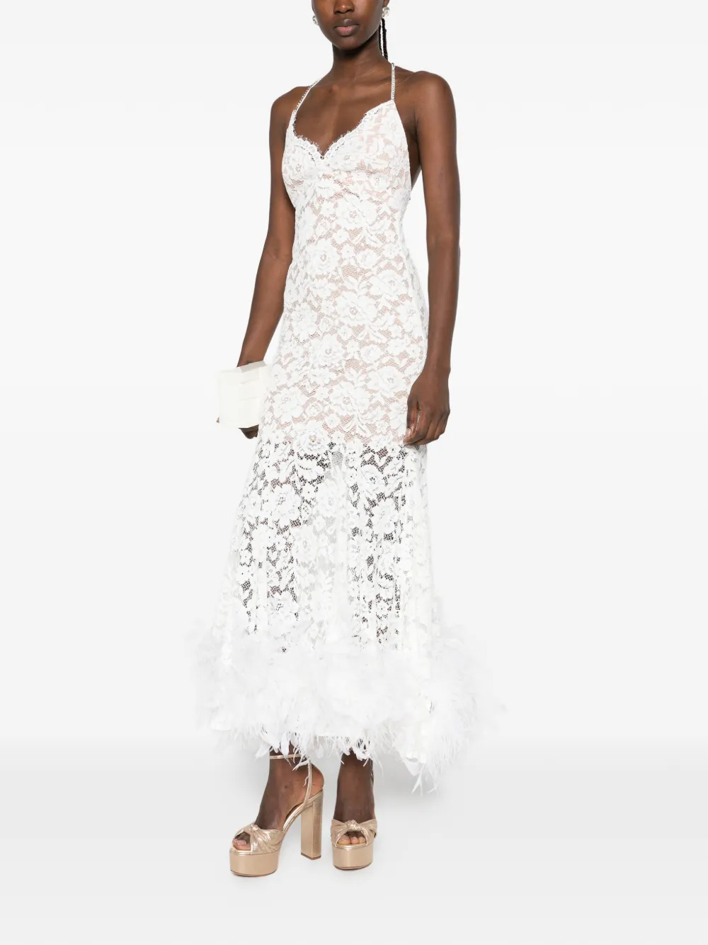 Self-Portrait feather-trim lace midi dress Wit