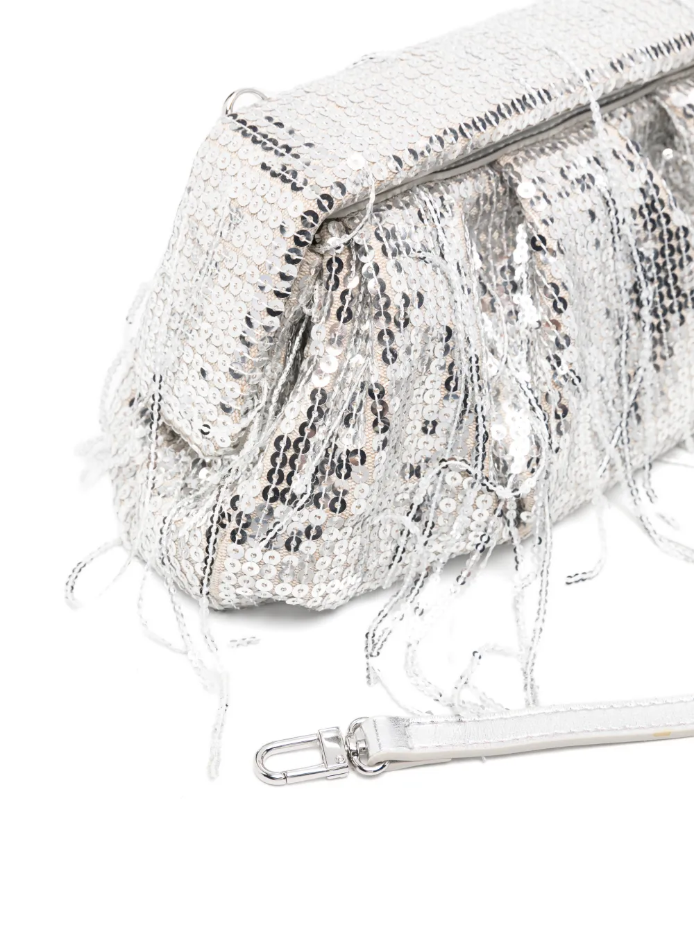 Themoirè Athena sequin-embellished fringed clutch bag Zilver